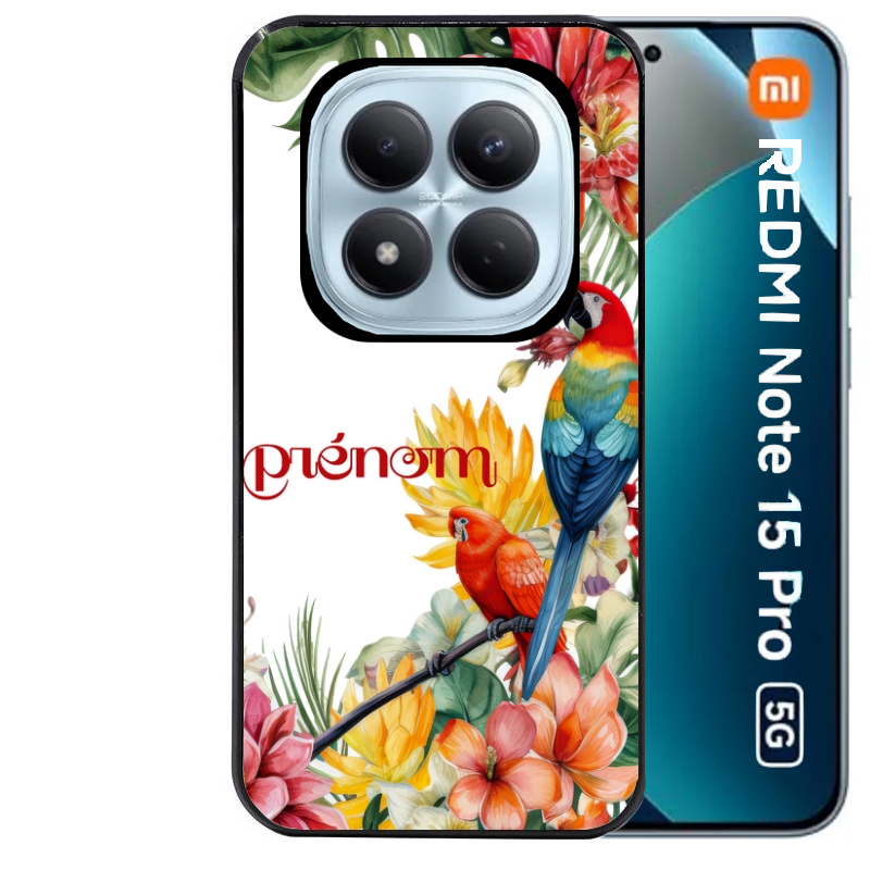 Coque noire taperso pour Redmi Note 15 et PRO PLUS 4G 5G avec motif perroquet personnalisee protection antichoc personnalisée