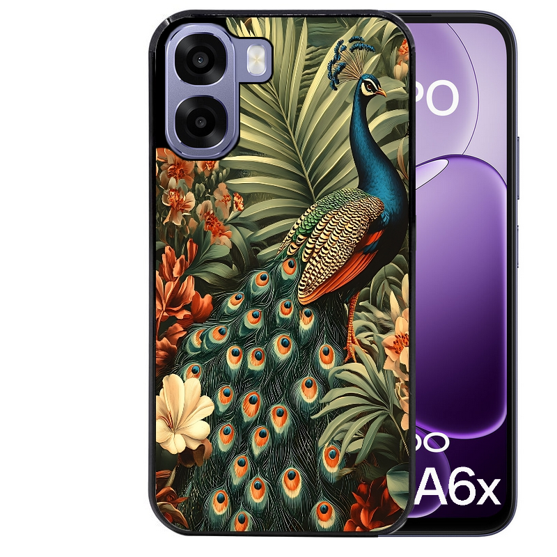 Coque noire taperso pour OPPO A6 A6X 4G et 5G avec motif paon tropical protection antichoc personnalisée