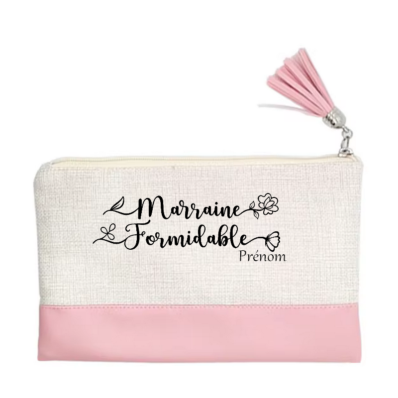 Pochette personnalisée motif marraine formidable en toile et simili cuir personnalisée