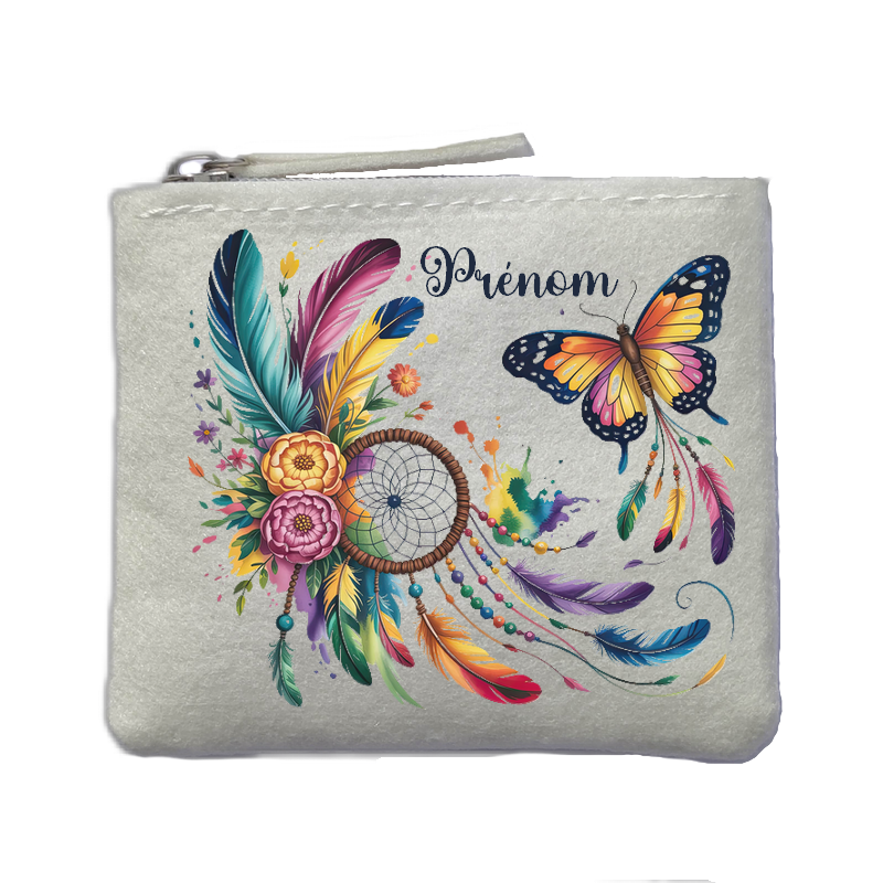 Porte monnaie personnalisé dreamcatcher papillon color ivoire en feutrine en feutrine ivoire