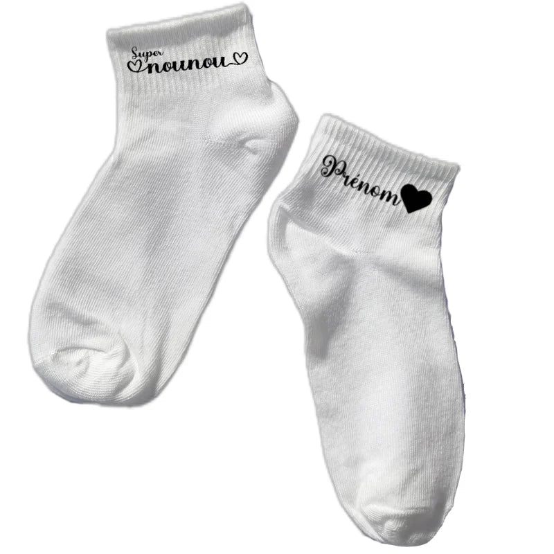 Chaussette courte super nounou disponible en blanc, rose, vert, jaune, violet et bleu