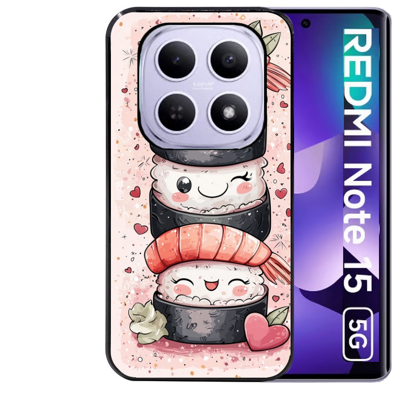 Coque noire taperso pour Redmi Note 15 et PRO PLUS 4G 5G avec motif sushi kawai anime protection antichoc personnalisée