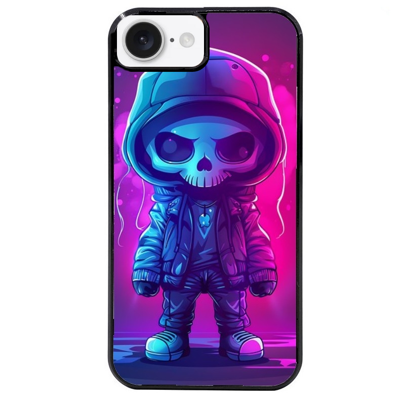 Coque noire taperso pour Iphone 16 16E PLUS MAX PRO avec motif tete de mort skull fluo protection antichoc personnalisée