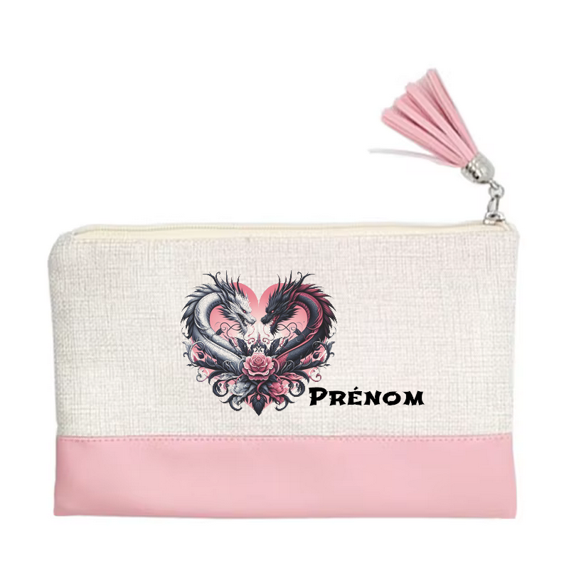 Pochette personnalisée motif dragon love en toile et simili cuir personnalisée
