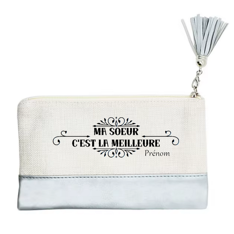 Pochette personnalisée motif soeur la meilleure en toile et simili cuir personnalisée