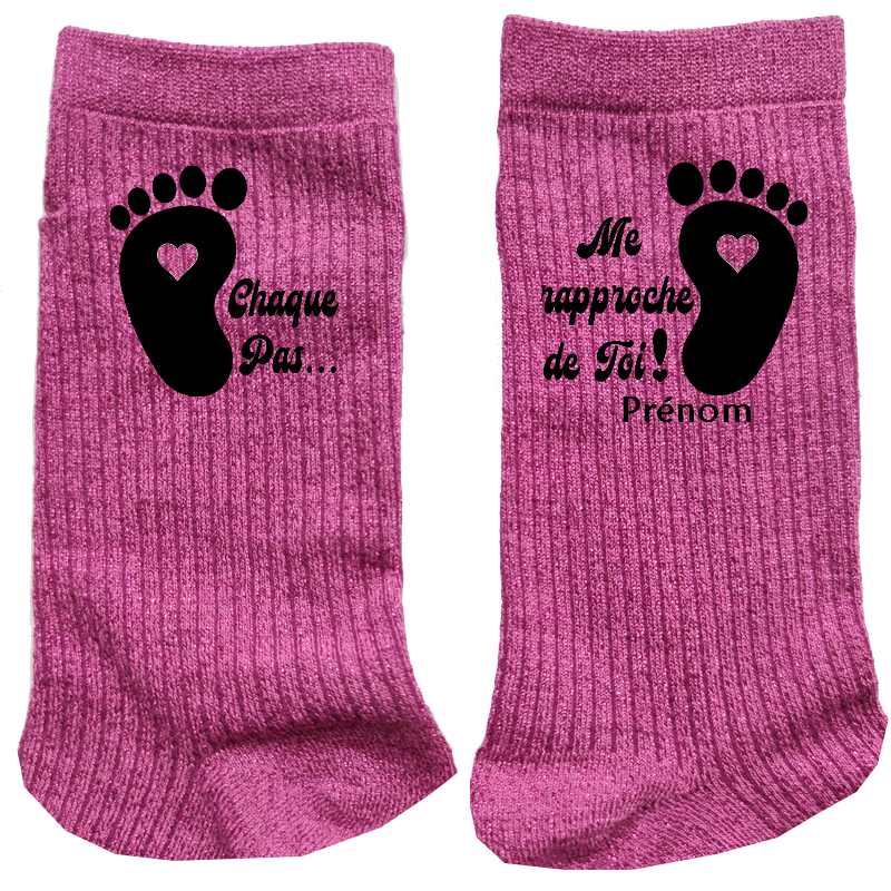 Chaussettes personnalisées paillettes rose motif chaque pas valentin