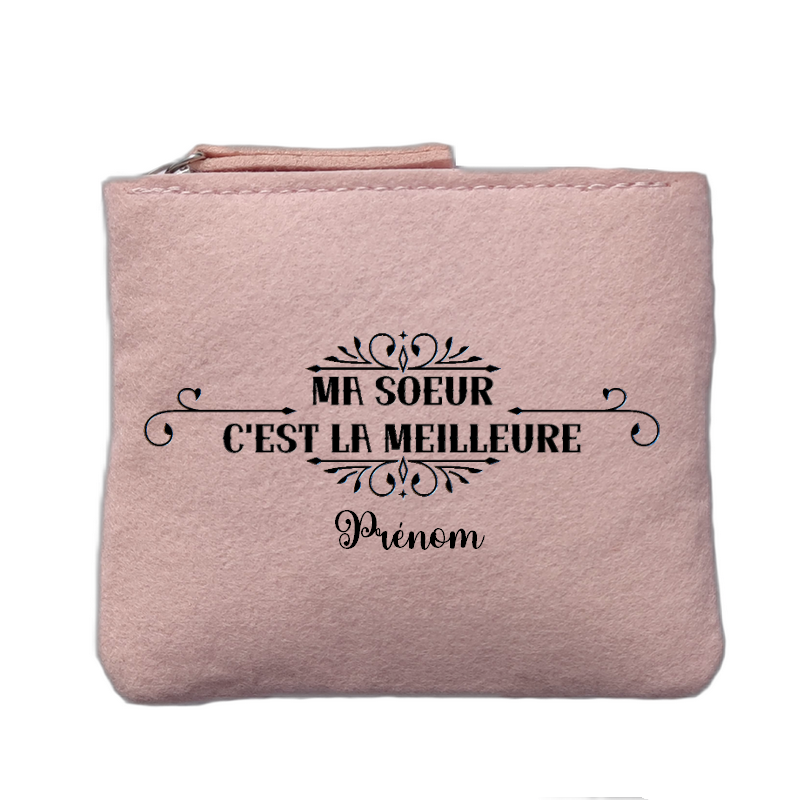 Porte monnaie personnalisé motif soeur meilleure rose clair en feutrine en feutrine