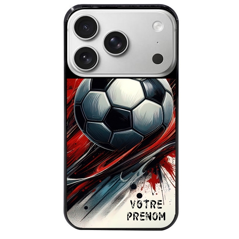 Coque noire taperso pour Iphone 17 17E AIR MAX PRO avec motif ballon foot avec prenom protection antichoc personnalisée