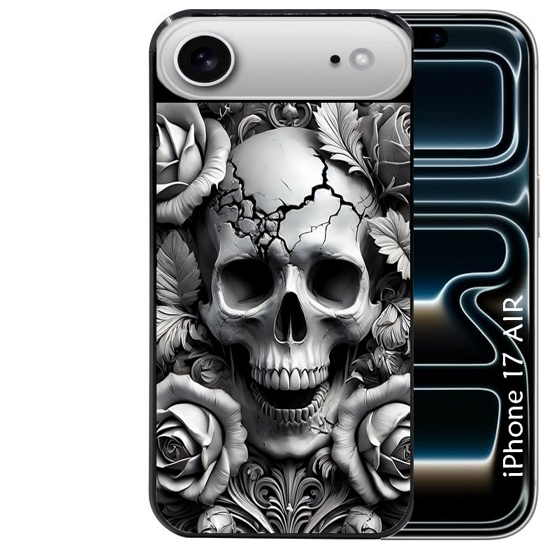 Coque noire taperso pour Iphone 17 17E AIR MAX PRO avec motif tete de mort fleur protection antichoc personnalisée