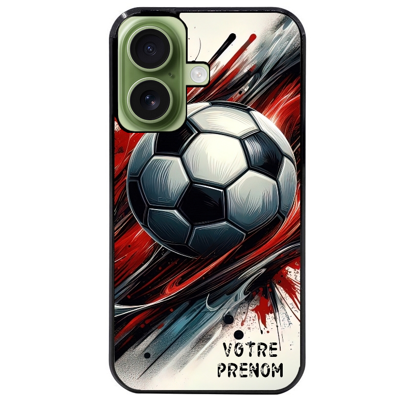 Coque noire taperso pour Iphone 16 16E PLUS MAX PRO avec motif ballon foot avec prenom protection antichoc personnalisée