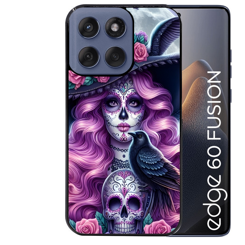 Coque noire taperso pour Moto Edge 60 et Neo Fusion Pro avec motif tete de mort calavera et corbeau protection antichoc personnalisée