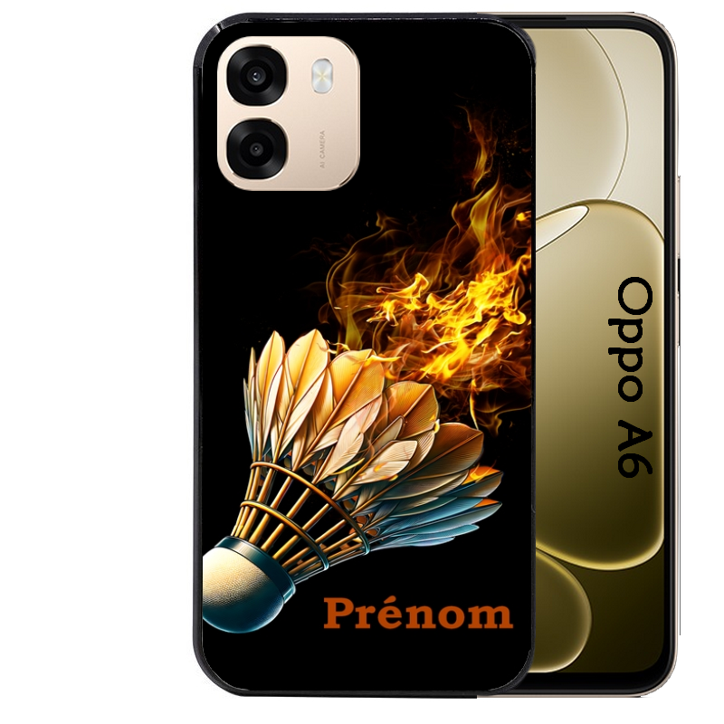 Coque noire taperso pour OPPO A6 A6X 4G et 5G avec motif badminton flamme personnalise protection antichoc personnalisée
