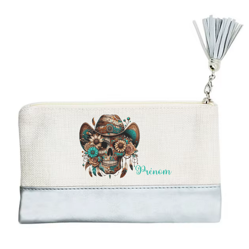 Pochette personnalisée motif tete de mort western en toile et simili cuir personnalisée