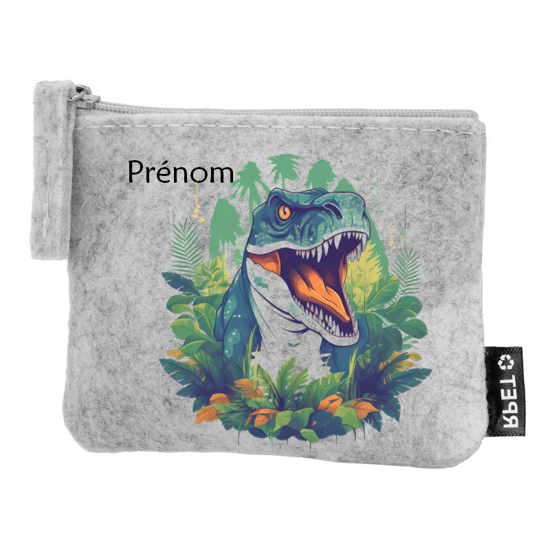 Porte monnaie personnalisé dino jungle en feutrine en feutrine