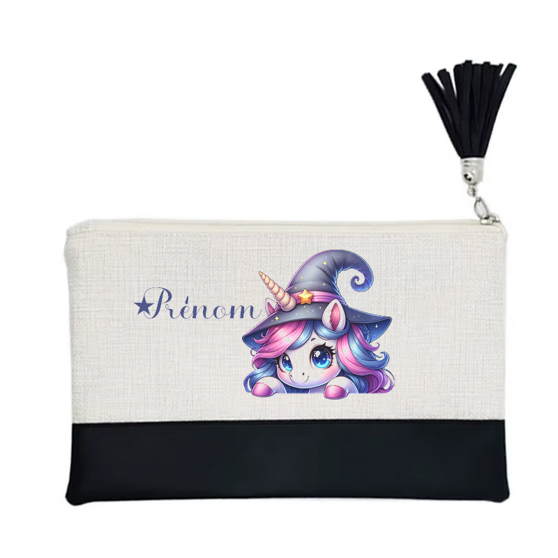 Pochette personnalisée motif licorne magic en toile et simili cuir personnalisée