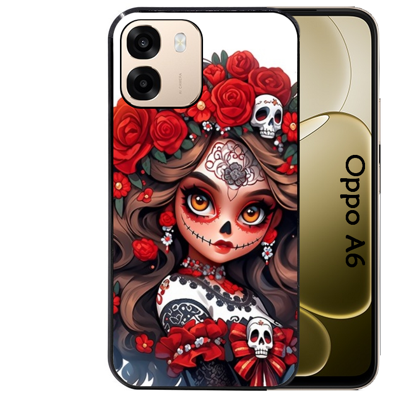 Coque noire taperso pour OPPO A6 A6X 4G et 5G avec motif tete de mort calavera rouge protection antichoc personnalisée