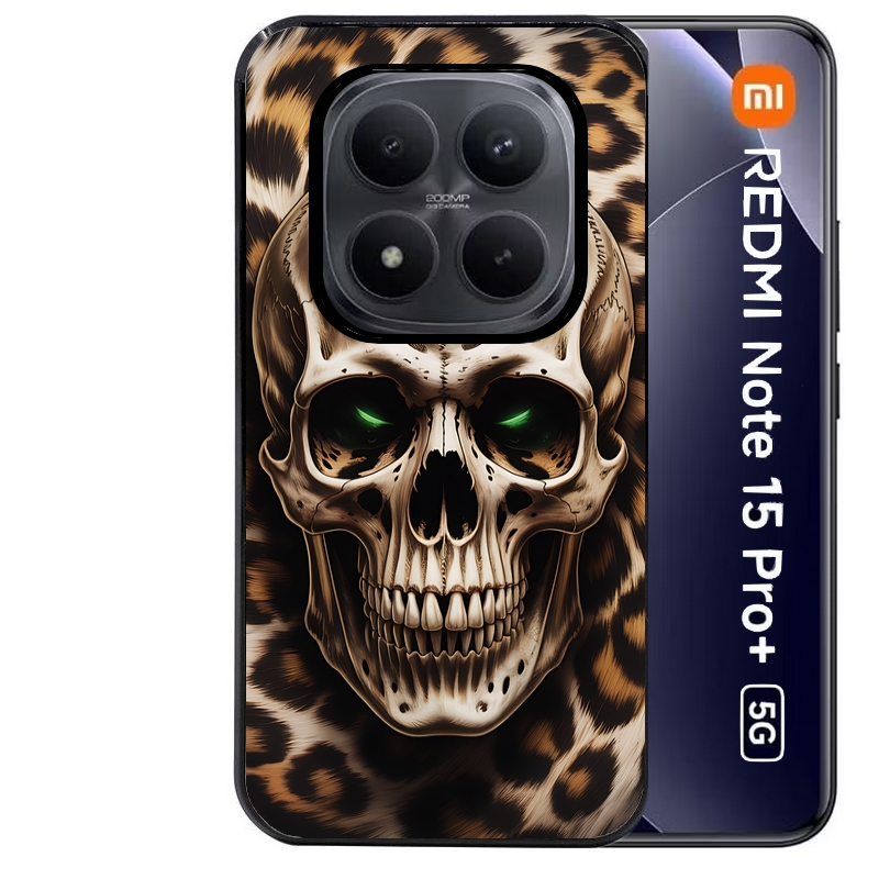 Coque noire taperso pour Redmi Note 15 et PRO PLUS 4G 5G avec motif tete de mort leopard protection antichoc personnalisée