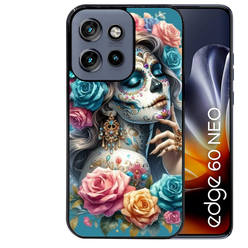 Coque noire taperso pour Moto Edge 60 et Neo Fusion Pro avec motif tete de mort calavera bleu protection antichoc personnalisée