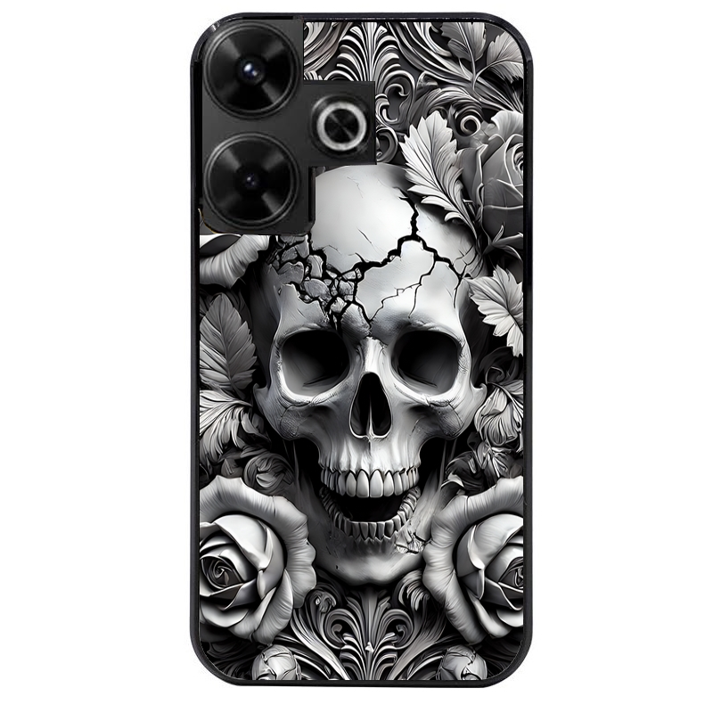 Coque noire taperso pour POCO M6 4G avec motif tete de mort fleur protection antichoc personnalisée