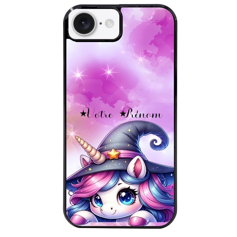 Coque noire taperso pour Iphone 16 16E PLUS MAX PRO avec motif licorne magic avec prenom protection antichoc personnalisée
