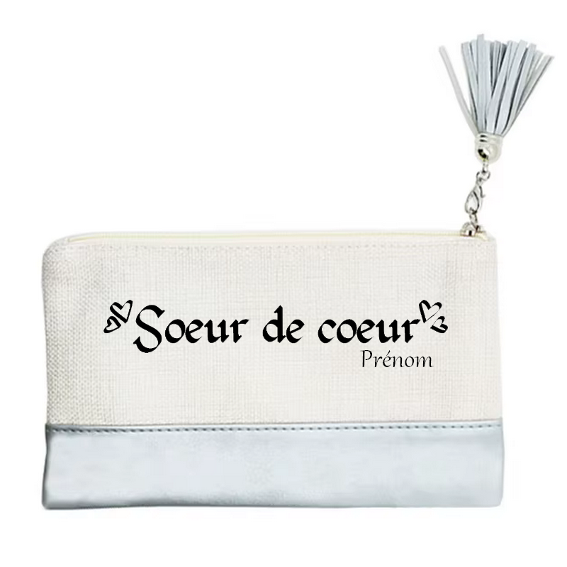 Pochette personnalisée motif soeur de cœur en toile et simili cuir personnalisée