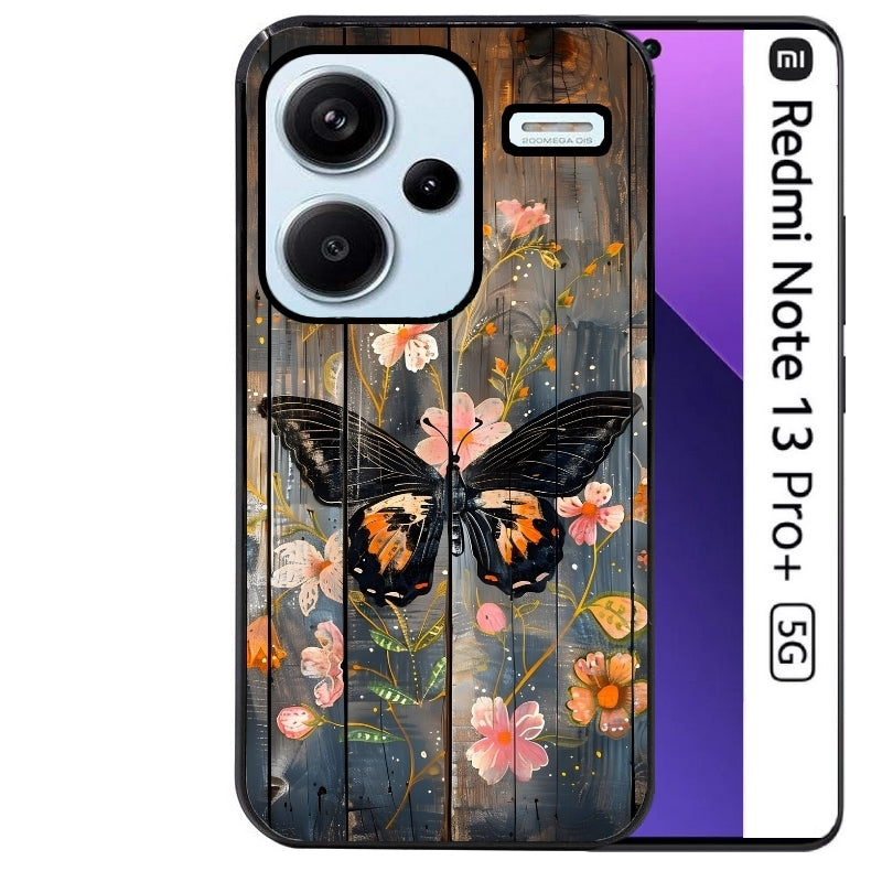 Coque noire taperso pour Redmi Note 13 PRO PLUS 5G avec motif bois et papillon 2 protection antichoc personnalisée
