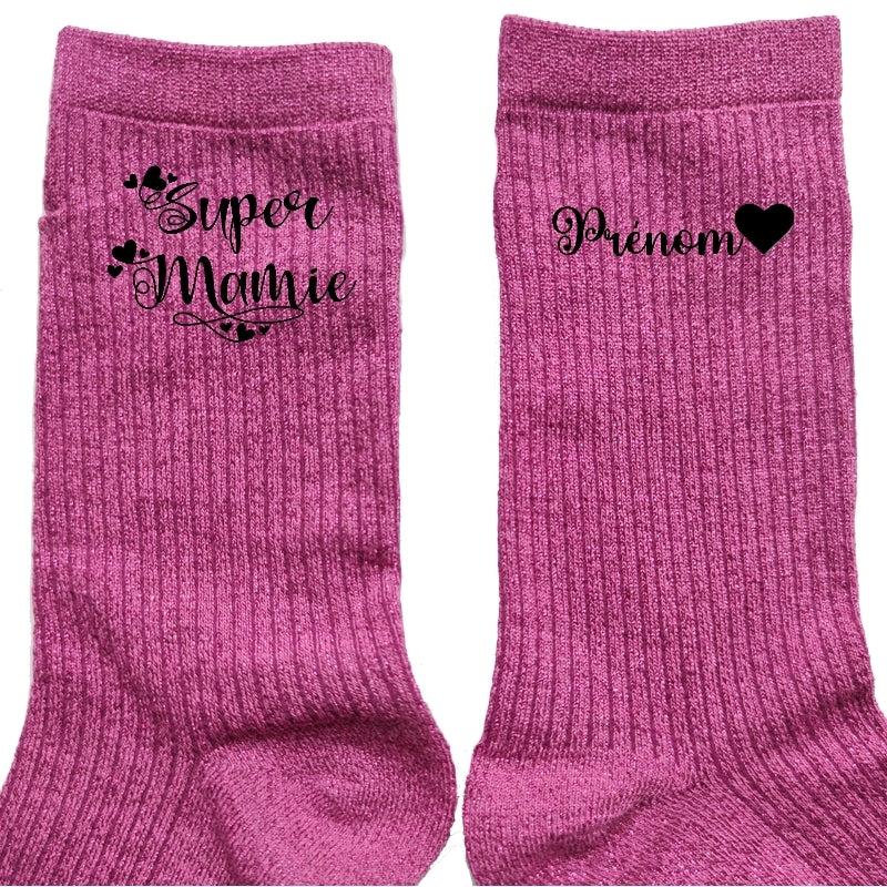 Chaussettes personnalisée paillettes rose motif super mamie
