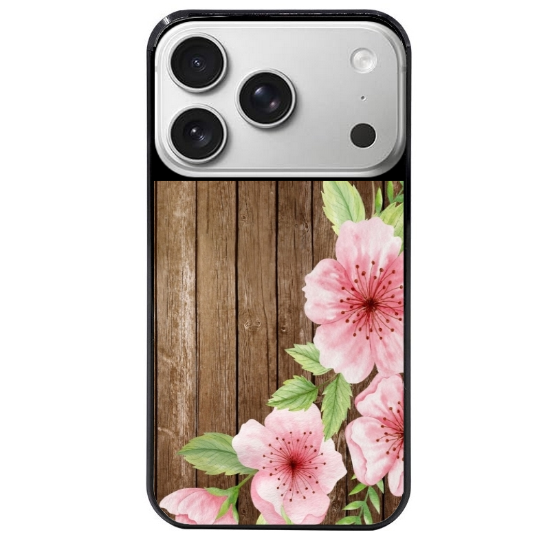 Coque noire taperso pour Iphone 17 17E AIR MAX PRO avec motif bois avec fleur rose protection antichoc personnalisée