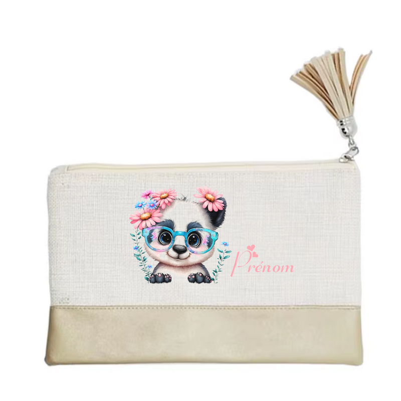Pochette personnalisée motif panda fleur en toile et simili cuir personnalisée