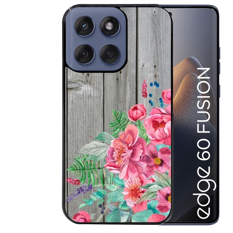 Coque noire taperso pour Moto Edge 60 et Neo Fusion Pro avec motif bois gris et fleur rose protection antichoc personnalisée