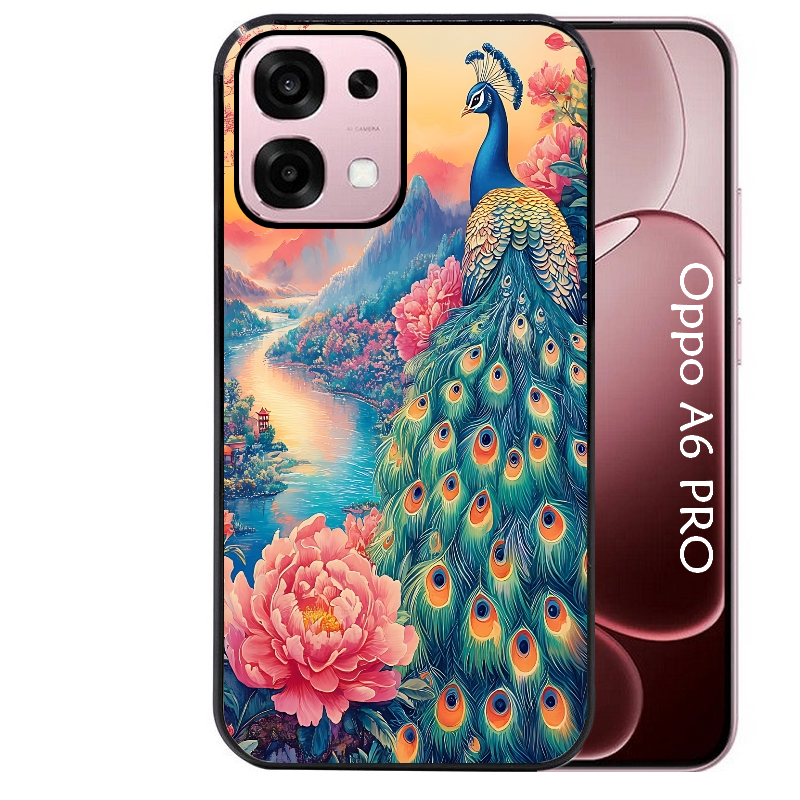 Coque noire taperso pour OPPO A6 PRO 4G et 5G avec motif paon japan protection antichoc personnalisée