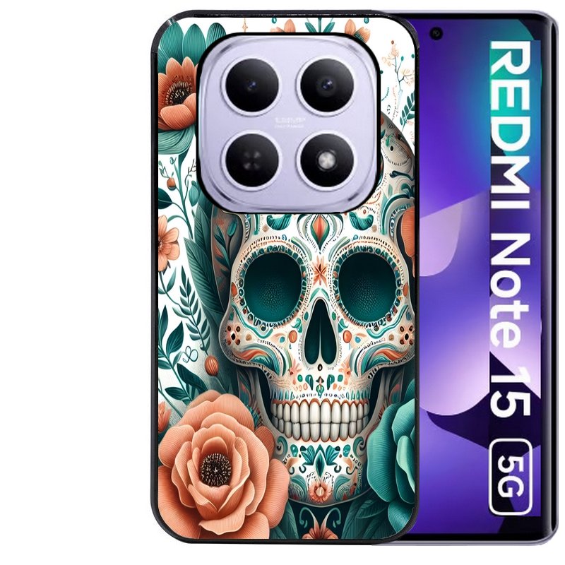 Coque noire taperso pour Redmi Note 15 et PRO PLUS 4G 5G avec motif mort mexicaine turquoise protection antichoc personnalisée