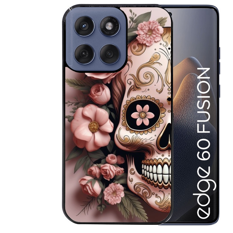 Coque noire taperso pour Moto Edge 60 et Neo Fusion Pro avec motif tete de mort calavera rose protection antichoc personnalisée