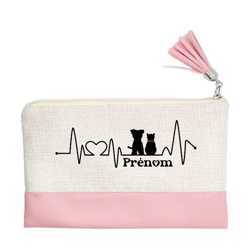 Pochette personnalisée motif chat et chien love en toile et simili cuir personnalisée
