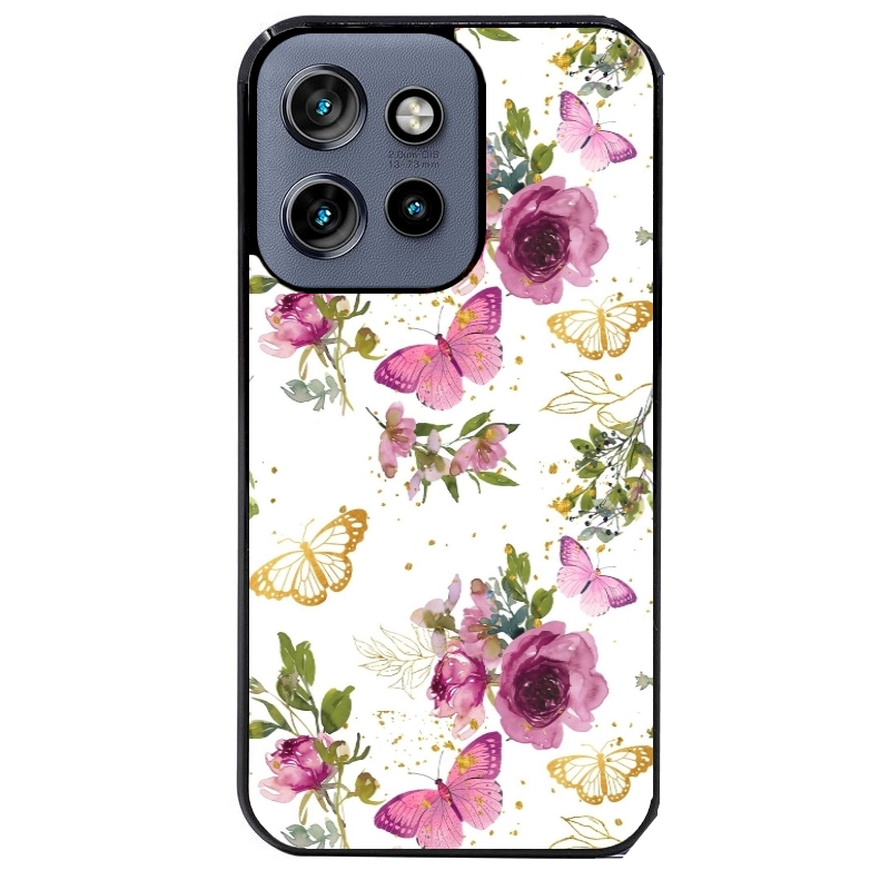 Coque noire taperso pour Moto Edge 60 et Neo Fusion Pro avec motif fleur et papillon protection antichoc personnalisée