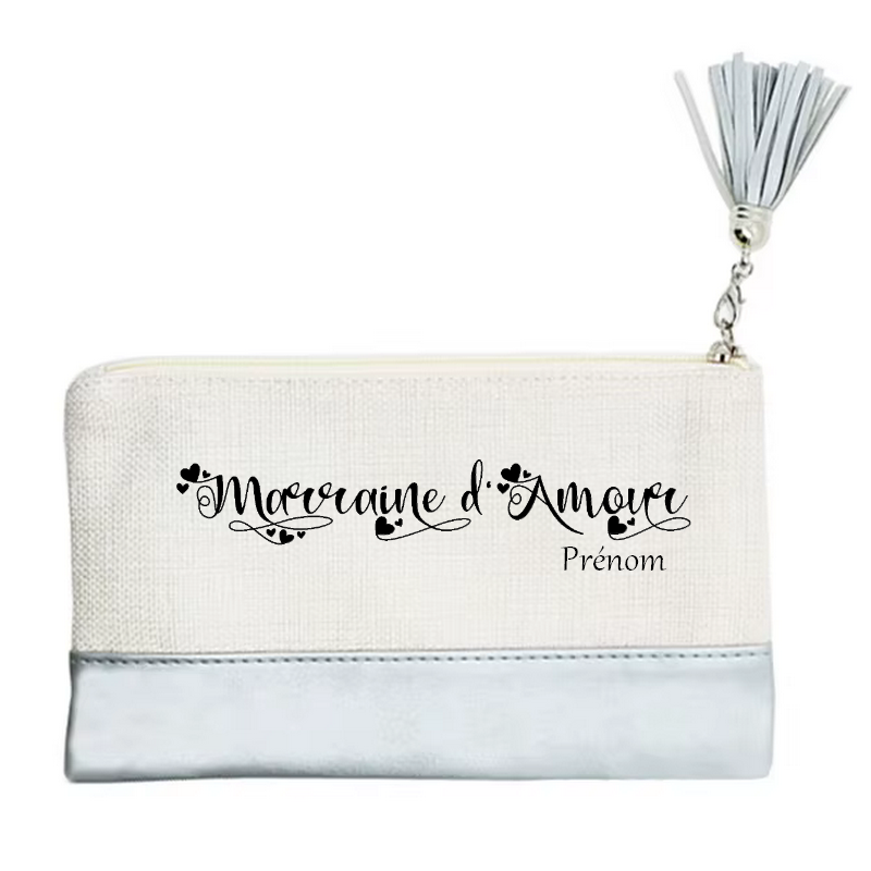 Pochette personnalisée motif marraine d'amour en toile et simili cuir personnalisée