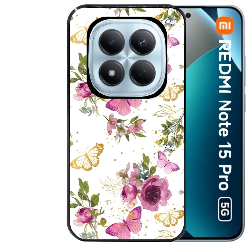Coque noire taperso pour Redmi Note 15 et PRO PLUS 4G 5G avec motif fleur et papillon protection antichoc personnalisée
