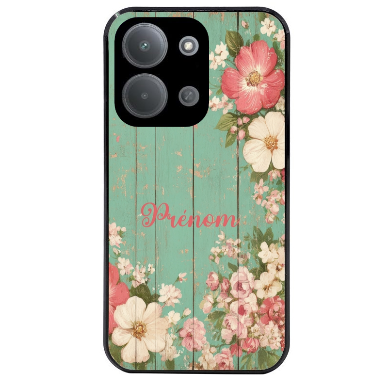 Coque noire taperso pour POCO C85 avec motif bois et fleur avec votre prenom protection antichoc personnalisée