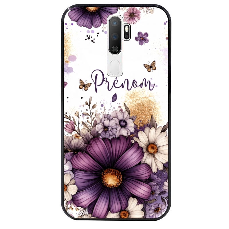 Coque noire taperso pour OPPO A5 A9 2020 avec motif fleur violette personnalisee protection antichoc personnalisée
