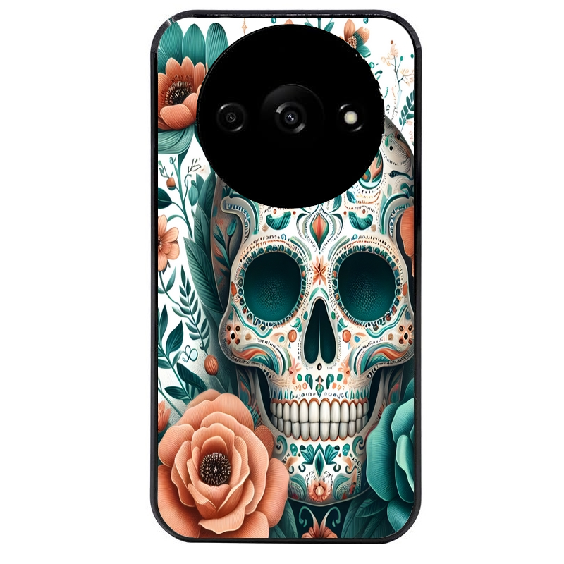 Coque noire taperso pour Redmi A3 avec motif mort mexicaine turquoise protection antichoc personnalisée