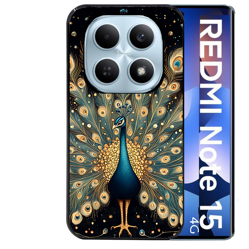 Coque noire taperso pour Redmi Note 15 et PRO PLUS 4G 5G avec motif paon mandala protection antichoc personnalisée