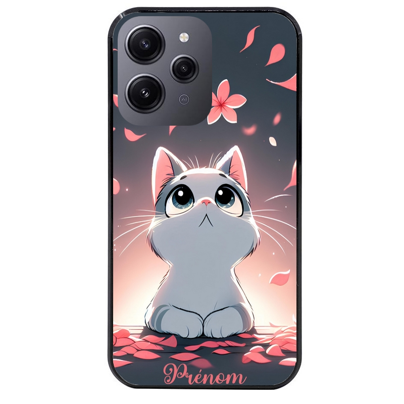 Coque noire taperso pour Redmi 12 4G et 5G avec motif chat anime avec votre prenom protection antichoc personnalisée