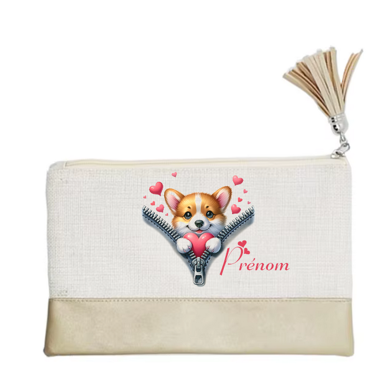 Pochette personnalisée motif chien zip en toile et simili cuir personnalisée