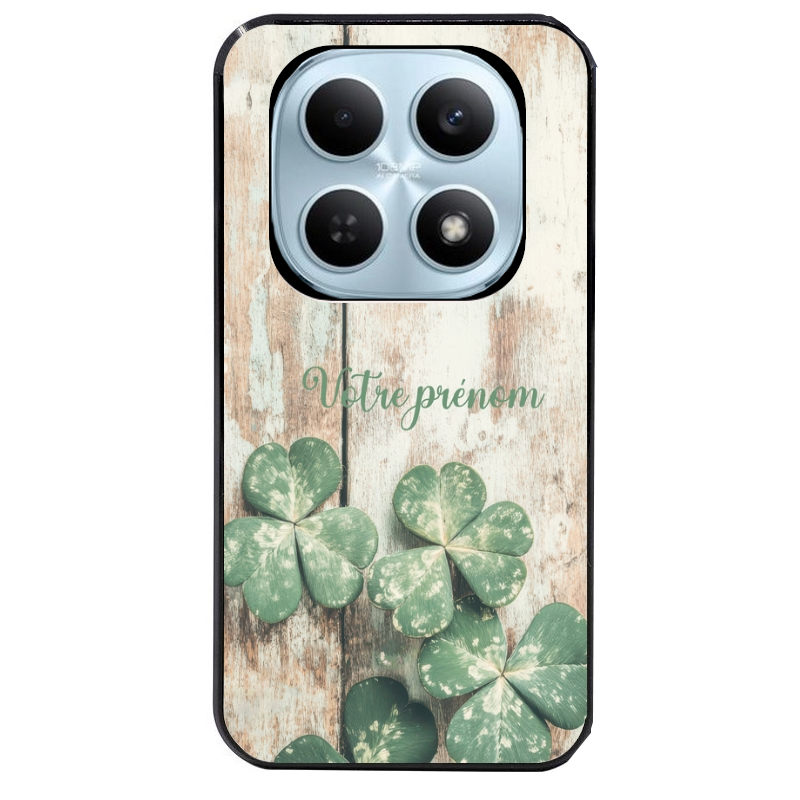 Coque noire taperso pour POCO M8 5G et PRO 5G avec motif bois et trefle personnalisee protection antichoc personnalisée