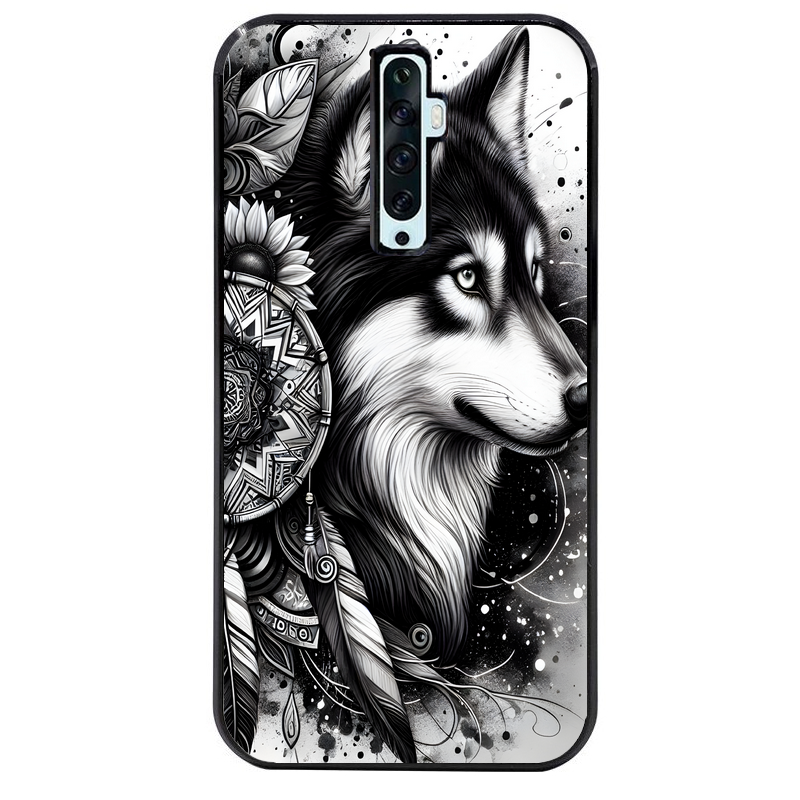 Coque noire taperso pour OPPO Reno 2 et 2Z avec motif loup dreamcatcher protection antichoc personnalisée