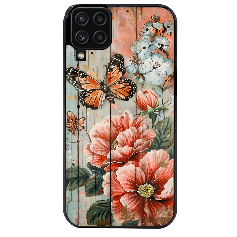 Coque noire taperso pour galaxy A22 A32 A52 A52S 4G 5G  avec motif bois et papillon 3 protection antichoc personnalisée