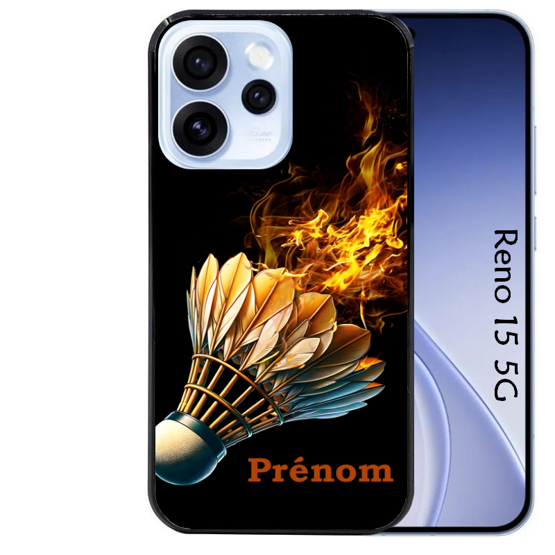 Coque noire taperso pour OPPO Reno 15 et F FS 5G avec motif badminton flamme personnalise protection antichoc personnalisée