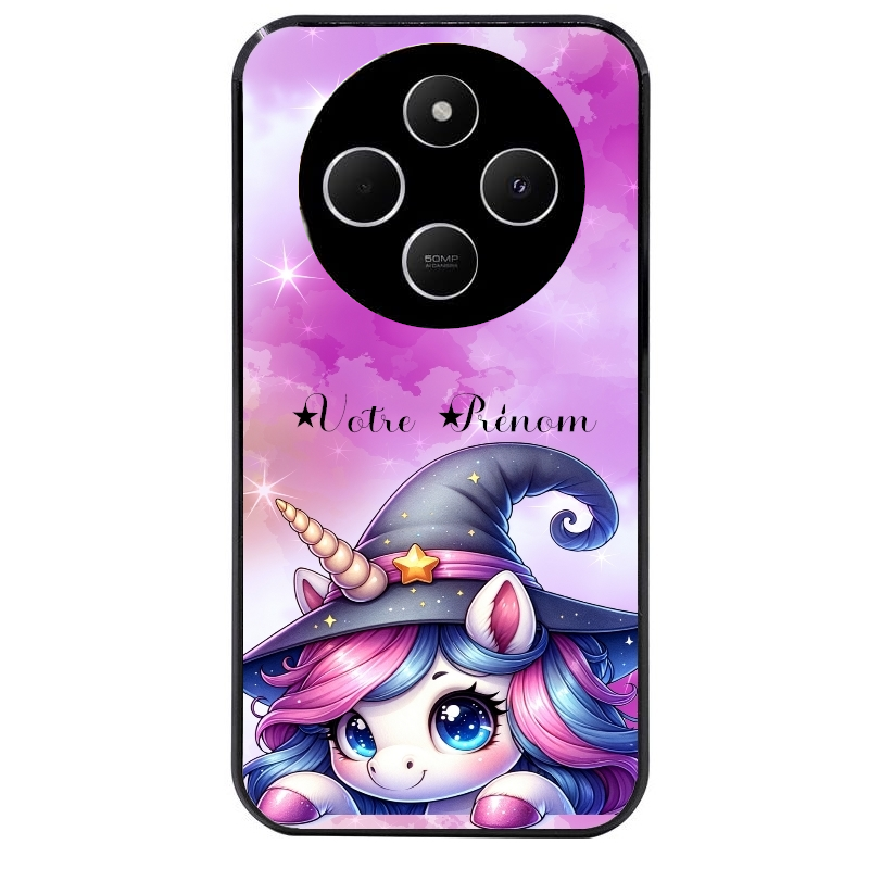 Coque noire taperso pour POCO C75 avec motif licorne magic avec prenom protection antichoc personnalisée