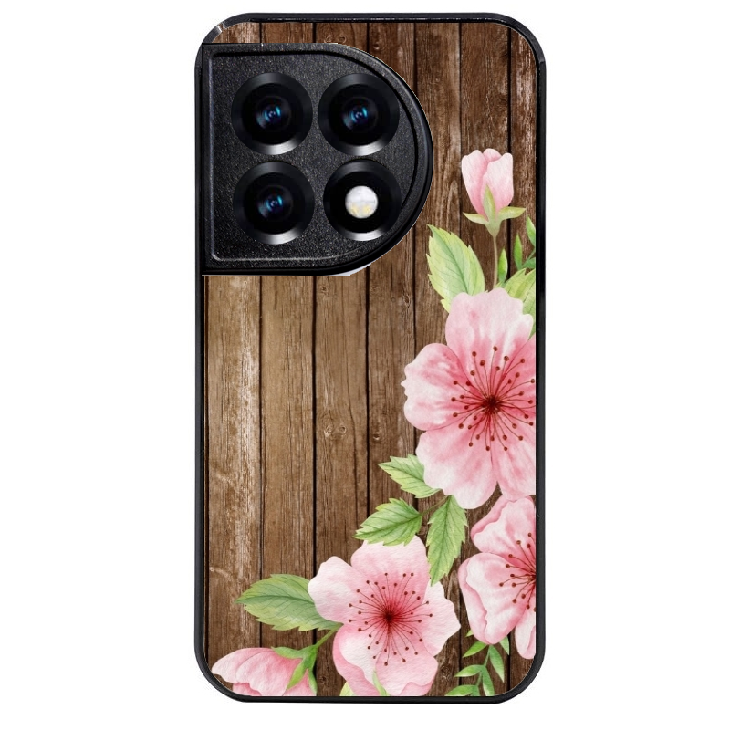 Coque noire taperso pour OnePlus 11 et 12 avec motif bois avec fleur rose protection antichoc personnalisée