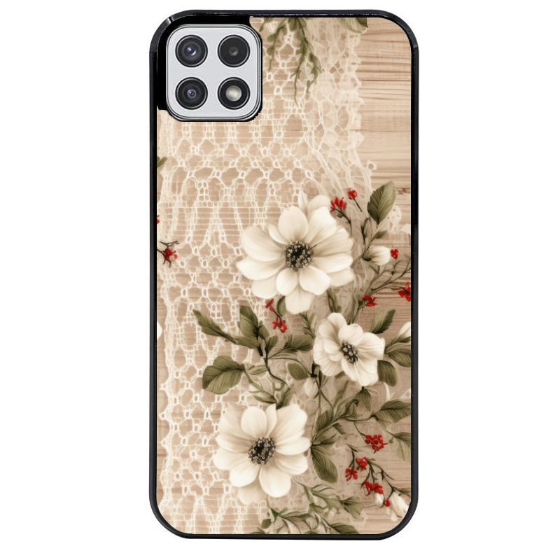 Coque noire taperso pour galaxy A22 A32 A52 A52S 4G 5G  avec motif bois et dentelle 2 protection antichoc personnalisée